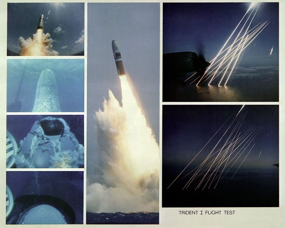 A montage of seven views showing parts of the launching of a Trident I C-4 missile from the submerged nuclear-powered strategic missile submarine Francis Scott Key (SSBN-657) and the Trident's re-entry bodies as they plunge into the earth's atmosphere and then into the Atlantic Ocean.